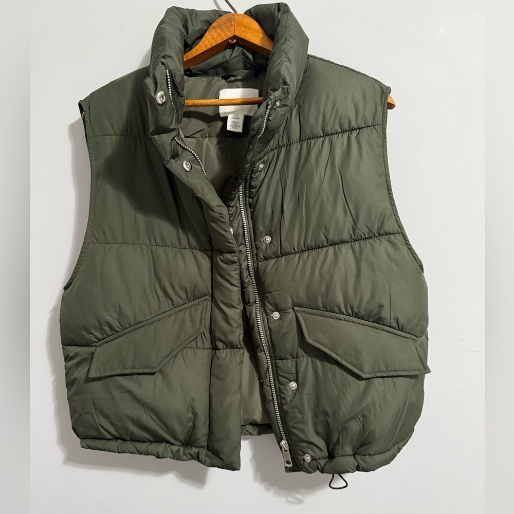 STAND UP COLLAR PUFFER VEST - Dark khaki green